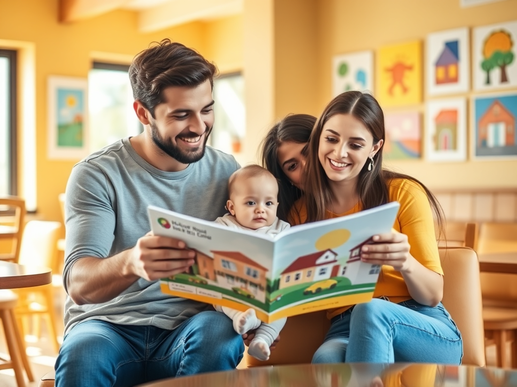 Счастливая семья читает книгу с ребенком в уютном помещении с яркими картинами на стенах.