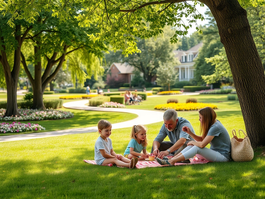Семья проводит время на пикнике в парке, играя и смеясь на траве под деревьями.