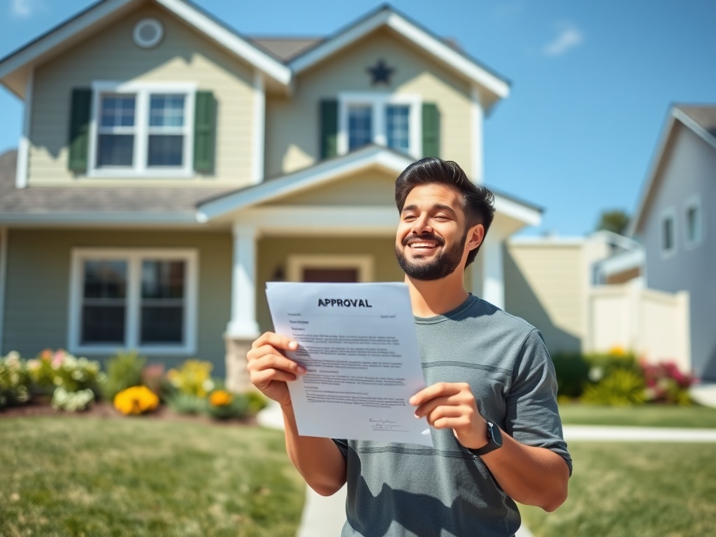Мужчина с улыбкой держит одобрительное письмо на фоне дома и цветочной клумбы.