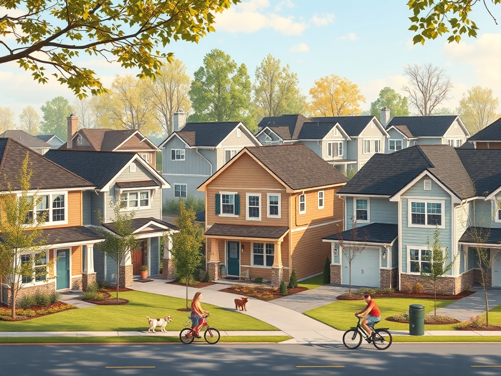 На картине изображены дома с велосипедистами и прохожими с собаками на зеленой улице.