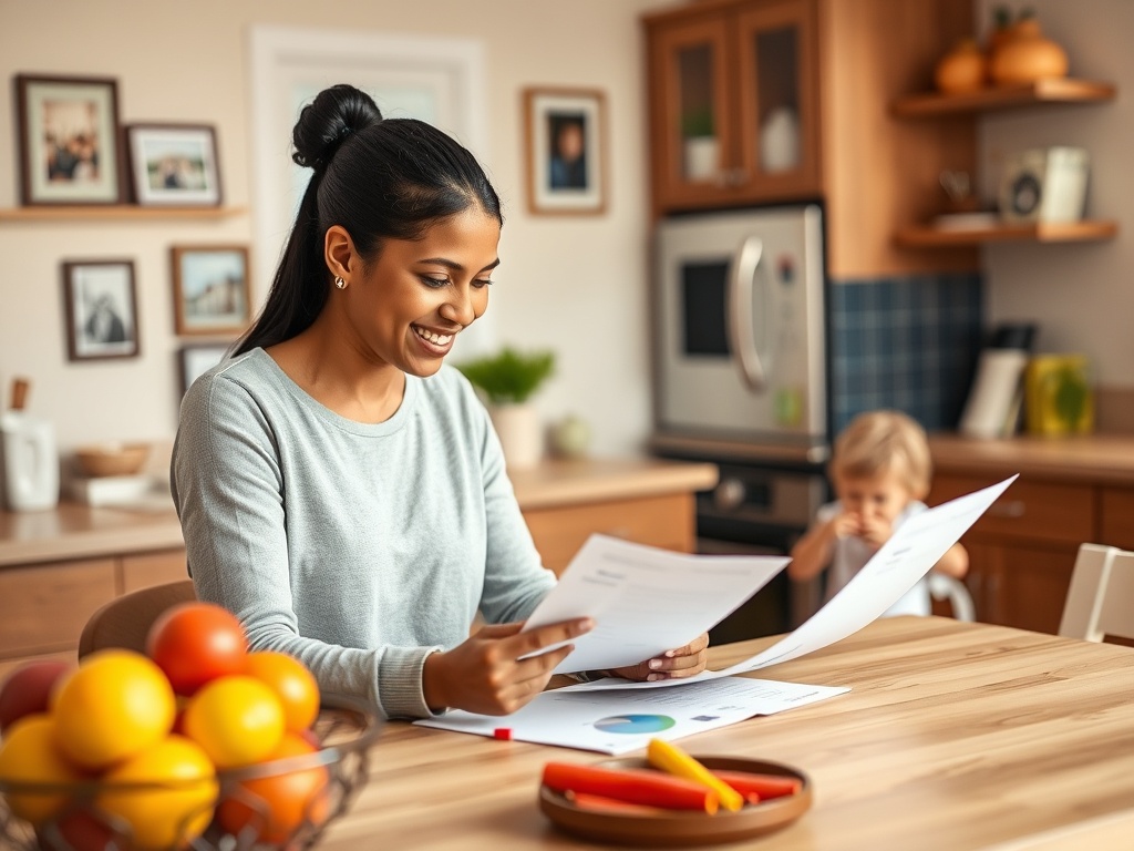 Женщина читает документы за столом на кухне, рядом с ней маленький ребенок. На столе фрукты и овощи.