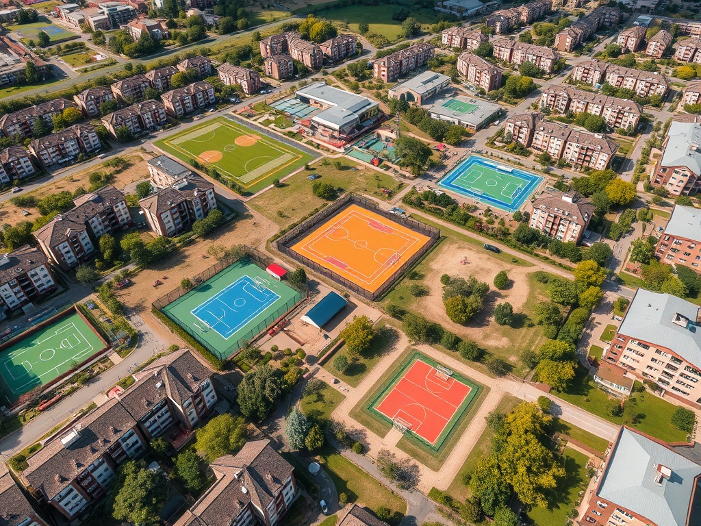 Аэроснимок жилого района с несколькими спортивными площадками для баскетбола и футбола.