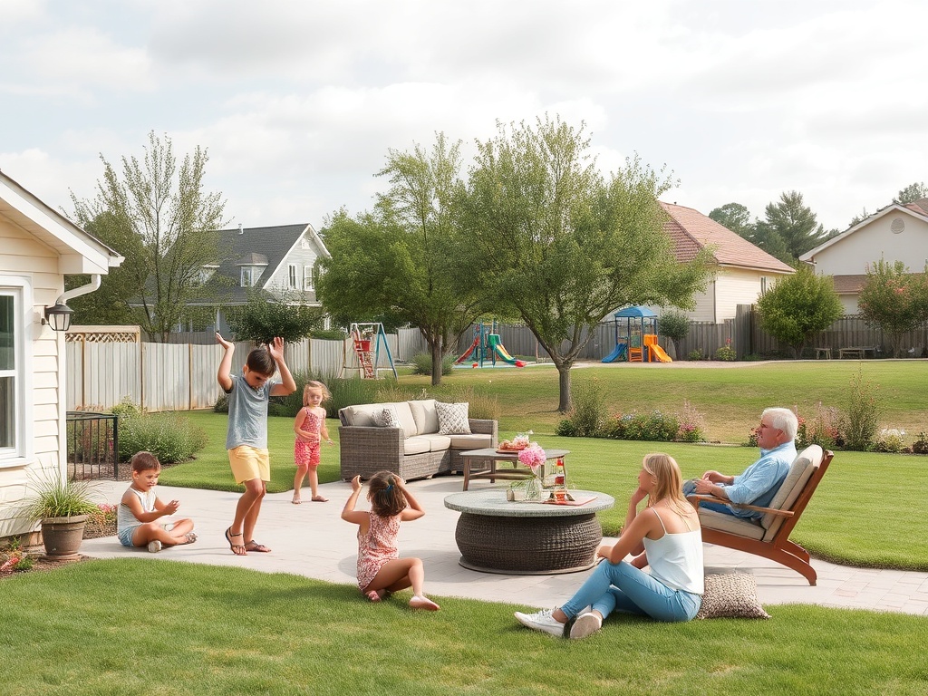 На заднем дворе играют дети, а взрослые отдыхают на террасе. Зеленый уголок и уютная атмосфера.
