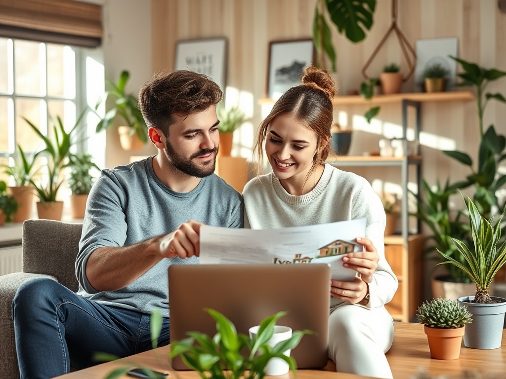Молодая пара наслаждается временем вдвоем, изучая документы, сидя на диване среди растений.