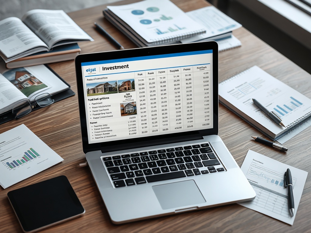 Ноутбук с таблицей инвестиций на экране, окружённый блокнотами и ручками на деревянном столе.