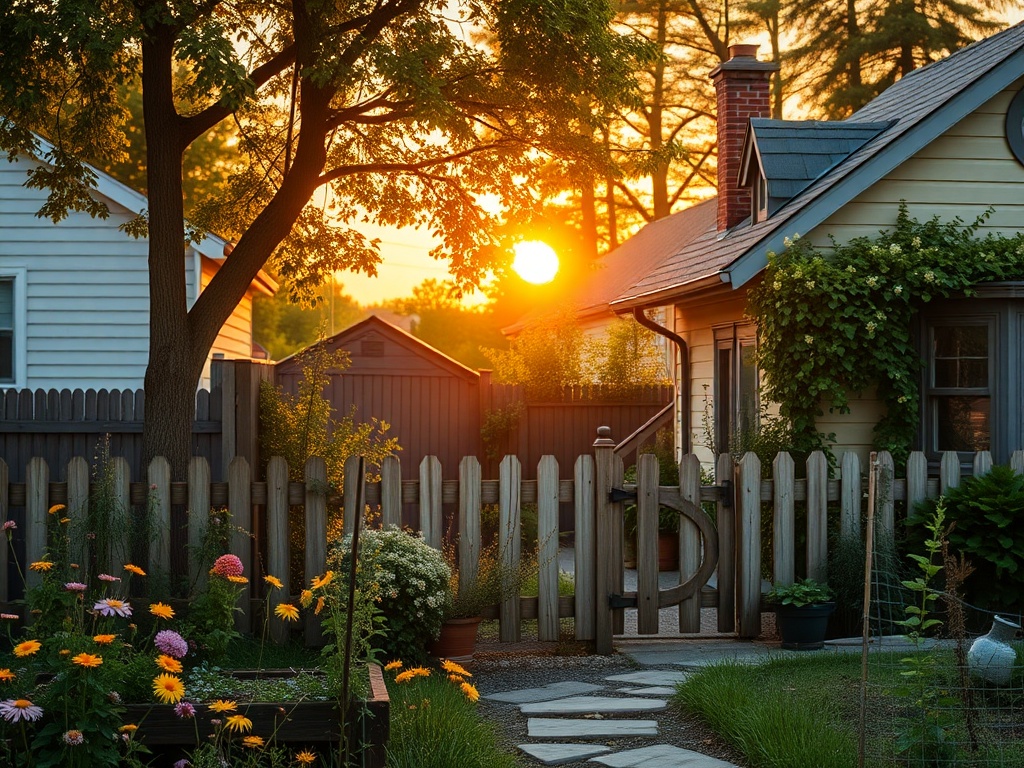 На заднем дворе простые домики и цветы, солнце заходит за горизонт, создавая уютную атмосферу.
