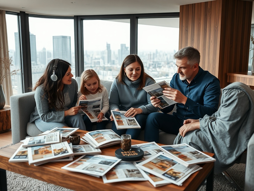 Четыре человека на диване обсуждают журналы, на столе разложены страницы с изображениями интерьеров.
