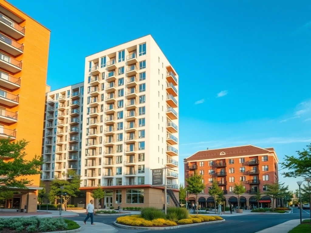 Современный жилой комплекс с высотными зданиями и зелеными насаждениями под ясным голубым небом.